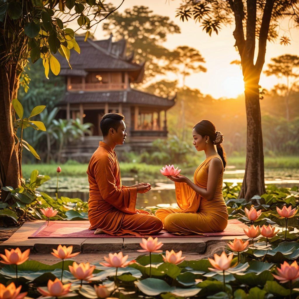 A serene Cambodian landscape with a couple engaged in intimate wellness activities, surrounded by lush greenery and traditional Khmer architecture. The scene should include elements of mindfulness, like soft fabrics, incense, and lotus flowers, conveying peace and connection. The warm sunset casts a golden glow over the scene, symbolizing empowerment and intimacy. vibrant colors. super-realistic.