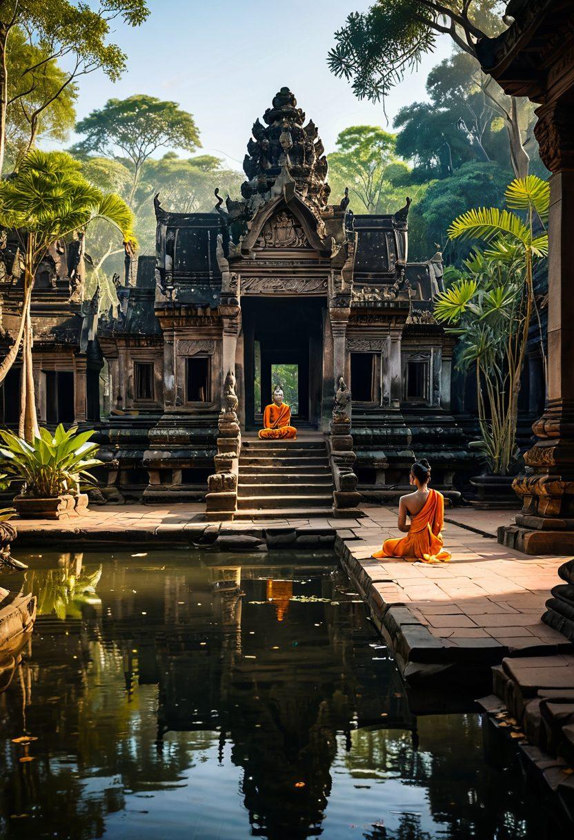 A serene Cambodian temple setting with soft, warm lighting illuminating traditional Khmer sculptures that depict intimacy and connection. In the foreground, couples peacefully engage in cultural rituals, showcasing respect and affection. The backdrop features lush greenery and a gentle river, symbolizing harmony. The color palette should convey warmth and tranquility. super-realistic. vibrant colors.