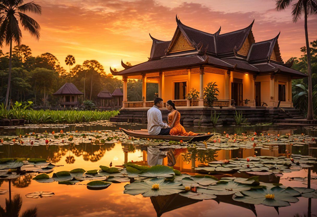 A serene landscape showcasing traditional Khmer architecture intertwined with modern elements, symbolizing the blend of old and new in dating. Feature a couple enjoying a romantic moment beside a lotus pond, with warm sunset hues reflecting in the water. Add subtle elements of cultural motifs in the background to highlight Khmer heritage. super-realistic. warm colors. tranquil atmosphere.